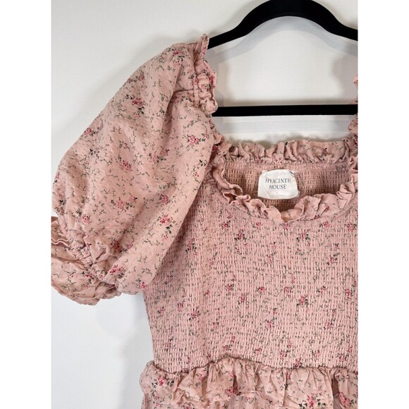 Hyacinth House Womens Dress Beige Mini Floral Smocked Ruffle Puffed A Line Large - Picture 7 of 12